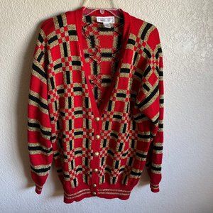 Women's Large Red, Black, and Gold Plaid Cardigan